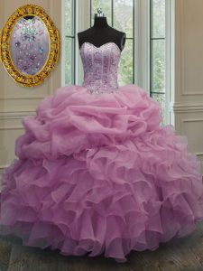 Custom Design Sleeveless Floor Length Beading and Pick Ups Lace Up Quince Ball Gowns with Baby Pink