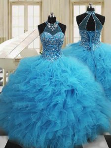 Scoop Sleeveless Beading and Ruffles Lace Up Quinceanera Gowns