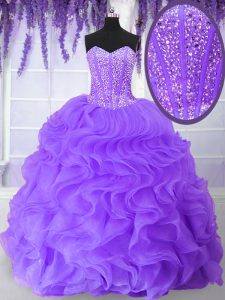 Purple Sweetheart Neckline Beading and Ruffles Sweet 16 Quinceanera Dress Sleeveless Lace Up