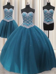 Pretty Three Piece Teal Sleeveless Beading and Ruffles Floor Length Quince Ball Gowns
