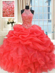Coral Red High-neck Neckline Beading and Pick Ups Vestidos de Quinceanera Sleeveless Lace Up