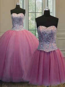 Adorable Three Piece Rose Pink Organza Lace Up Sweetheart Sleeveless Floor Length Ball Gown Prom Dress Beading