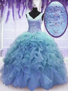 Extravagant Blue Ball Gowns V-neck Sleeveless Organza Floor Length Lace Up Beading and Embroidery and Ruffles Sweet 16 Quinceanera Dress