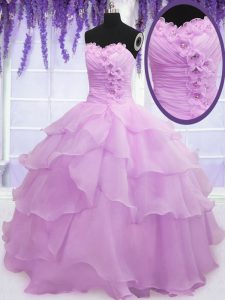 Sleeveless Beading and Ruffled Layers and Hand Made Flower Lace Up Quinceanera Dress