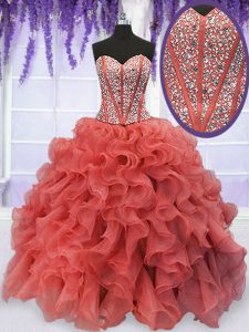 Coral Red Quinceanera Gown Military Ball and Sweet 16 and Quinceanera with Beading and Ruffles Sweetheart Sleeveless Lace Up