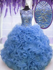 Enchanting Scoop Beading and Ruffles 15th Birthday Dress Baby Blue Lace Up Sleeveless Floor Length