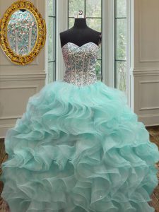 Chic Sleeveless Organza Floor Length Lace Up Quinceanera Gowns in Apple Green with Beading and Ruffles