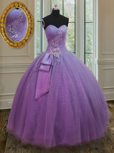 Pretty Beading and Ruching and Bowknot Quinceanera Gowns Lilac Lace Up Sleeveless Floor Length