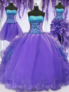 Sweet Four Piece Floor Length Lavender 15 Quinceanera Dress Organza Sleeveless Embroidery and Ruffles