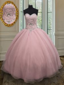 Cheap Sweetheart Sleeveless Organza Quince Ball Gowns Beading and Belt Lace Up