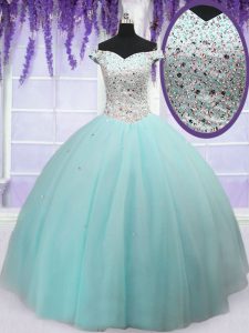 Nice Off the Shoulder Floor Length Ball Gowns Short Sleeves Light Blue Quinceanera Gown Lace Up
