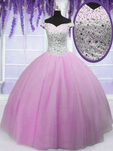 Off the Shoulder Lilac Tulle Lace Up Quinceanera Dress Short Sleeves Floor Length Beading