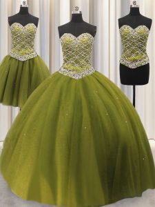 Spectacular Three Piece Olive Green Lace Up Sweetheart Beading and Sequins Quince Ball Gowns Tulle Sleeveless