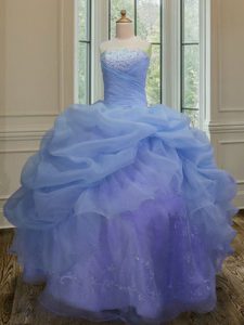 Free and Easy Sleeveless Floor Length Embroidery and Pick Ups Lace Up Quince Ball Gowns with Blue