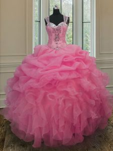 Edgy Straps Organza Sleeveless Floor Length Quinceanera Gown and Beading and Ruffles