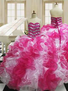 Graceful Ball Gowns 15th Birthday Dress Pink And White Sweetheart Organza Sleeveless Floor Length Lace Up