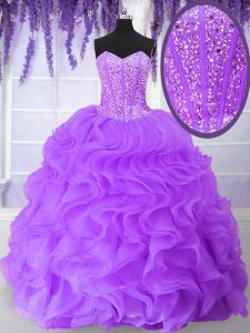 Glittering Floor Length Purple Ball Gown Prom Dress Organza Sleeveless Beading and Ruffles