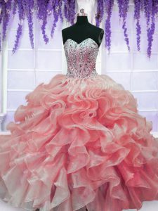 Fabulous Beading and Ruffles Ball Gown Prom Dress Red Lace Up Sleeveless Floor Length