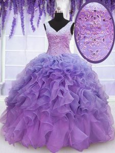 Sleeveless Floor Length Beading and Embroidery and Ruffles Lace Up Quinceanera Dresses with Lavender