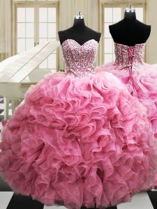 Sweetheart Sleeveless Lace Up Ball Gown Prom Dress Rose Pink Organza
