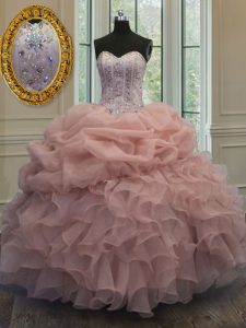 Baby Pink Organza Lace Up Quince Ball Gowns Sleeveless Floor Length Beading and Pick Ups