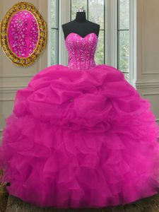 Pick Ups Floor Length Ball Gowns Sleeveless Fuchsia Quinceanera Gowns Lace Up