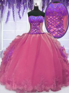 Sleeveless Organza Floor Length Lace Up Ball Gown Prom Dress in Hot Pink with Embroidery and Ruffles