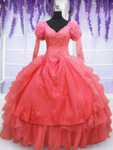 Custom Made V-neck Long Sleeves Lace Up Sweet 16 Quinceanera Dress Coral Red Organza