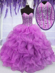 Most Popular Beading and Ruffles Vestidos de Quinceanera Lilac Lace Up Sleeveless Floor Length