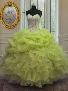 Dramatic Pick Ups Yellow Green Sleeveless Organza Lace Up Sweet 16 Dresses for Military Ball and Sweet 16 and Quinceanera