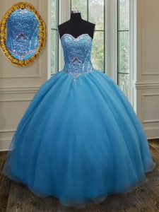 Admirable Baby Blue Ball Gowns Sweetheart Sleeveless Organza Floor Length Lace Up Beading and Belt Quinceanera Gown