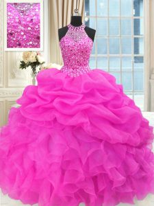 Pick Ups Hot Pink Sleeveless Organza Lace Up Ball Gown Prom Dress for Military Ball and Sweet 16 and Quinceanera