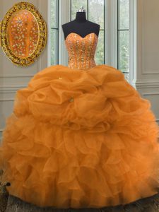 Beautiful Sweetheart Sleeveless Organza Vestidos de Quinceanera Beading and Ruffles and Pick Ups Lace Up