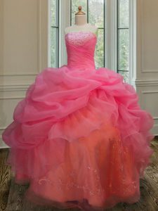 Pink Strapless Lace Up Embroidery and Pick Ups Sweet 16 Dresses Sleeveless