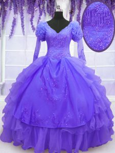 Custom Design Purple V-neck Lace Up Beading and Embroidery and Hand Made Flower Vestidos de Quinceanera Long Sleeves