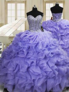 High End Lavender Lace Up Sweetheart Beading and Ruffles Sweet 16 Dresses Organza Sleeveless Sweep Train