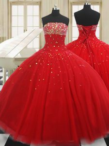 Glamorous Red Lace Up Strapless Beading 15th Birthday Dress Tulle Sleeveless
