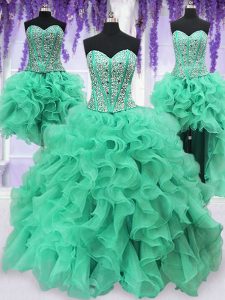 Luxurious Four Piece Floor Length Turquoise Sweet 16 Quinceanera Dress Organza Sleeveless Ruffles and Sequins