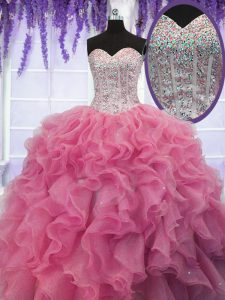 Sweetheart Sleeveless Sweet 16 Quinceanera Dress Floor Length Ruffles and Sequins Rose Pink Organza