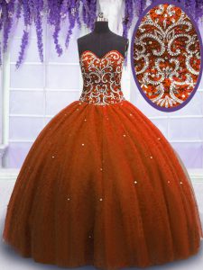 Custom Designed Sleeveless Tulle Floor Length Lace Up Vestidos de Quinceanera in Rust Red with Beading