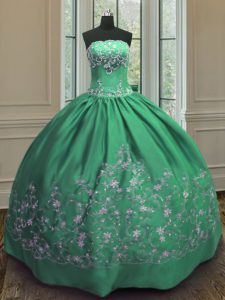 Green Ball Gowns Satin Strapless Sleeveless Embroidery Floor Length Lace Up 15th Birthday Dress
