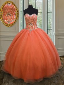 Sleeveless Organza Floor Length Lace Up 15 Quinceanera Dress in Orange Red with Sequins