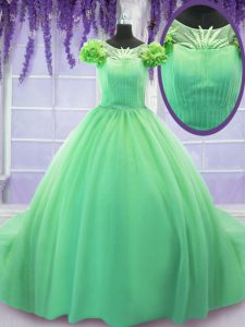 Luxurious Scoop Short Sleeves Tulle Court Train Lace Up Ball Gown Prom Dress in Green with Hand Made Flower
