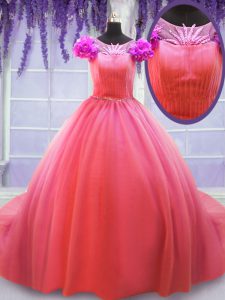 Spectacular Watermelon Red Scoop Neckline Hand Made Flower Quince Ball Gowns Short Sleeves Lace Up