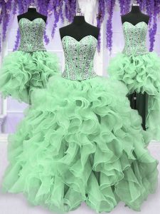 Four Piece Organza Sweetheart Sleeveless Lace Up Beading and Ruffles Quinceanera Dress in Apple Green