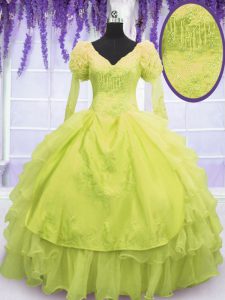 Yellow Green Lace Up 15 Quinceanera Dress Beading and Embroidery and Ruffles Sleeveless Floor Length
