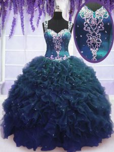 Chic Straps Navy Blue Sleeveless Tulle Zipper Vestidos de Quinceanera for Military Ball and Sweet 16 and Quinceanera