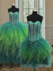 Traditional Three Piece Multi-color Ball Gown Prom Dress Military Ball and Sweet 16 and Quinceanera with Beading Sweetheart Sleeveless Lace Up