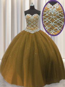 Brown Ball Gowns Beading 15 Quinceanera Dress Lace Up Tulle Sleeveless Floor Length