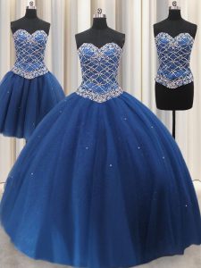 Chic Three Piece Blue Sweetheart Neckline Beading and Sequins Quinceanera Gowns Sleeveless Lace Up